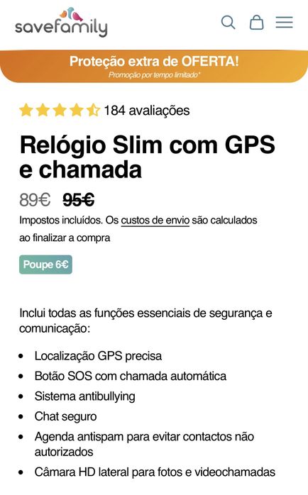 SaveFamily Slim – Smartwatch Infantil/Juvenil c/ GPS – NOVO, SELADO, Garantia 2 Anos