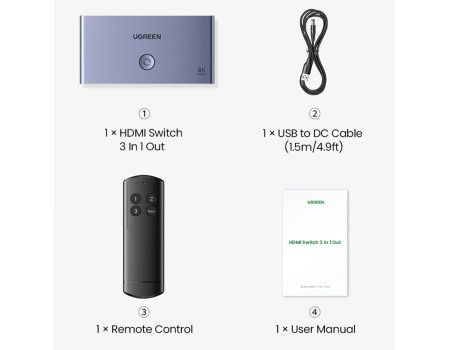 Перемекач Ugreen 8K 60 Hz HDMI 2.1 комутатор Switch 3 в 1