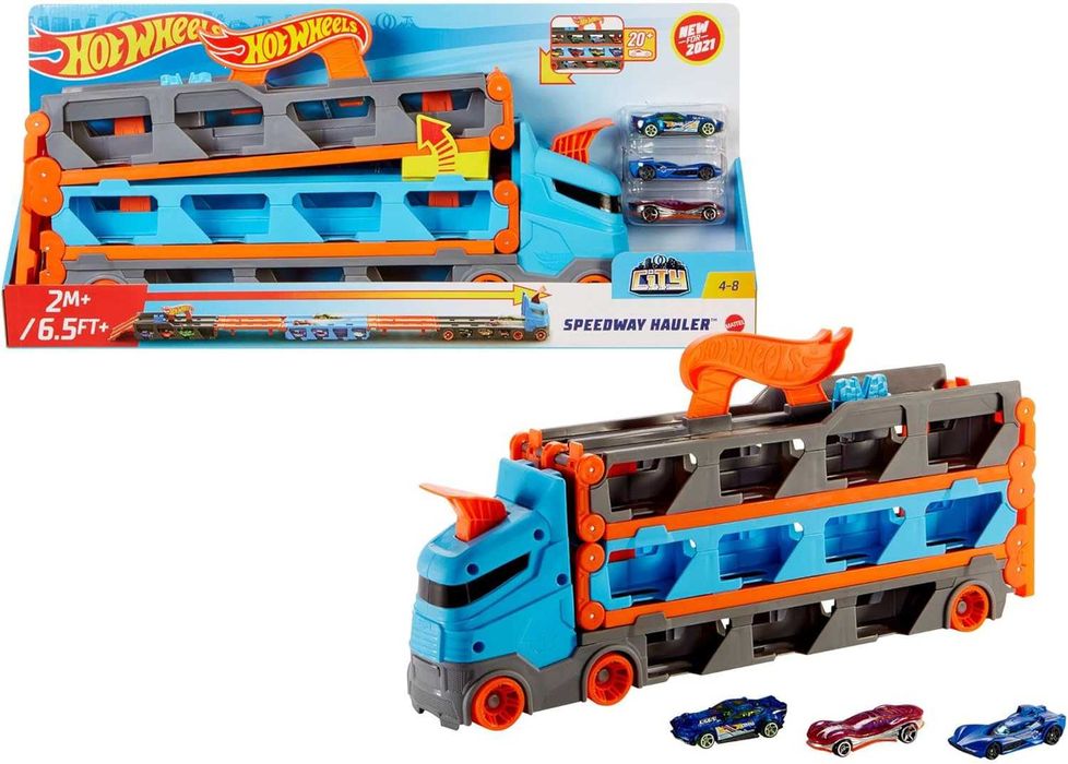 NOWY Hot Wheels Wyścigowy transporter 2w1 z 3 samochodzikami w skali 1:64 GVG37