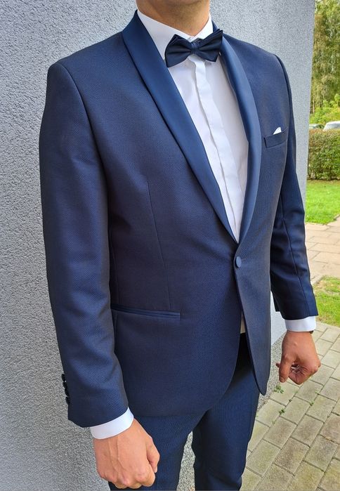 Garnitur ślubny marynarka smokingowa spodnie dla wysokiego pana granat