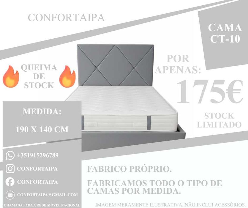 Cama de Casal Estofada - 190x140cm - Promoção Queima de Stock