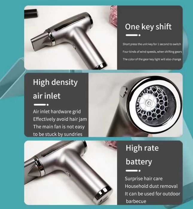 Новые! Портативный Аккумуляторный Фен для сушки волос PD008 Серый 60Вт