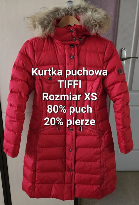Czerwony płaszcz puchowy Tiffi XS futerko jenot kurtka puchowa