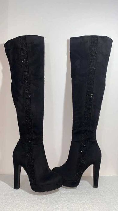 sexy czarne kozaki platforma diamenciki cyrkonie 38