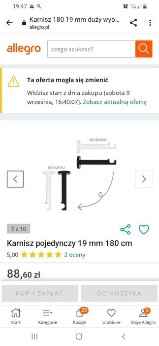 Karnisz pojedynczy czarny na przelotki 19mm/ 180 cm NOWY