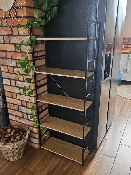 Regał na Książki 5 Półek 146x60x30cm | Półki Meble Półka Loft Metal Salon | Szafka Industrialna Dąb Czarny Stojąca Biuro Nowoczesna Nowy FV23%