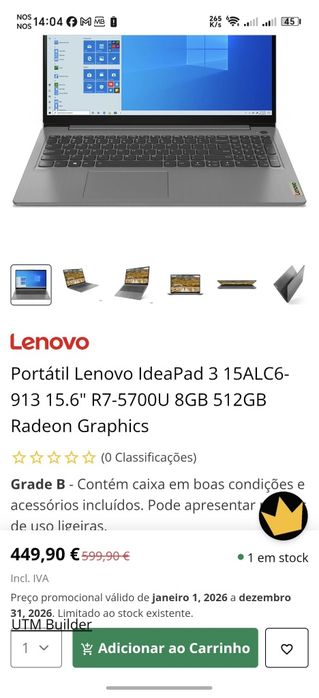 Portátil Lenovo ideapad 3 15AlC6 Ryzen 7 5700U 8GB RAM Windows 11 Home PT