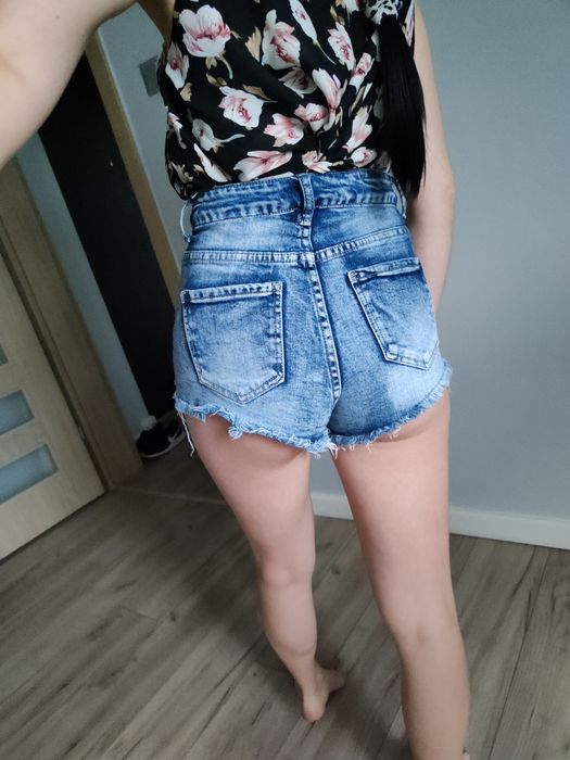 Spodenki jeans wysoki stan XS kwiaty szorty nogawki