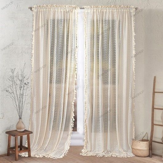2 firany boho beżowe z frędzlami 250x145