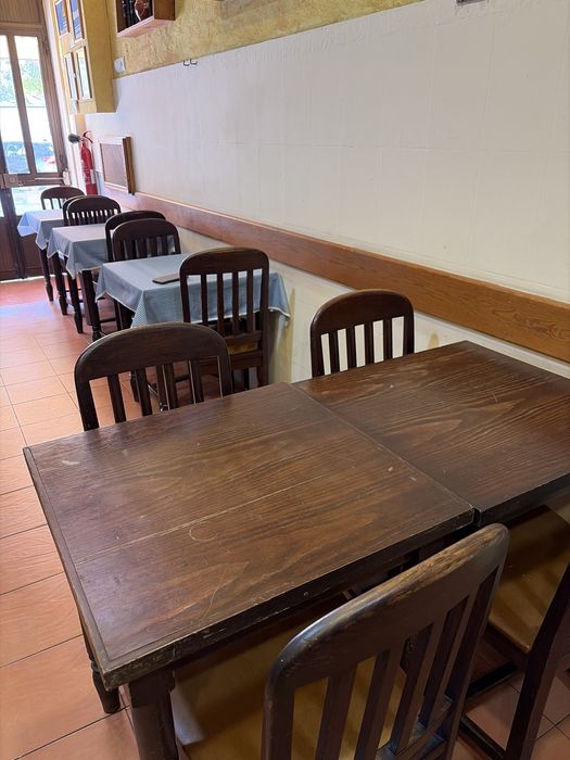 15 mesas, cada uma 20€, mesa + 2 cadeiras 30€