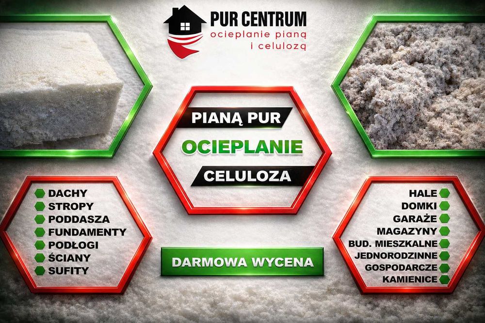 Ocieplanie pianą PUR celulozą i wełną wdmuchiwaną poddasza stropu izolacja dachu