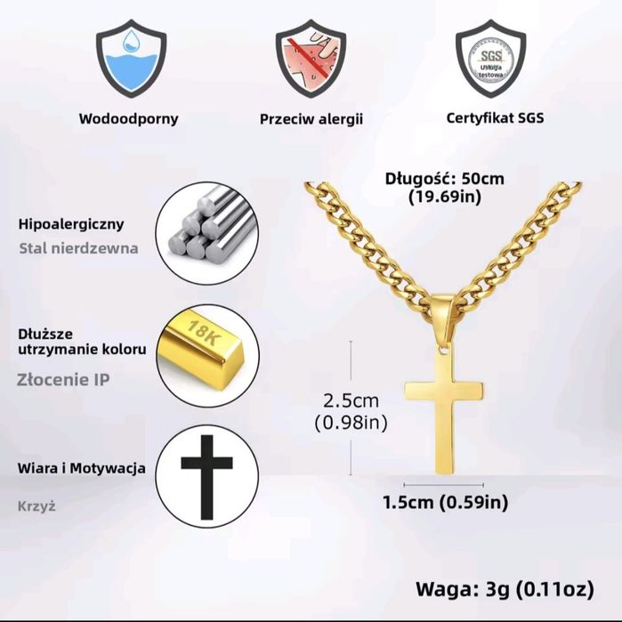 Łańcuszek z krzyżykiem platerowany 18k złotem