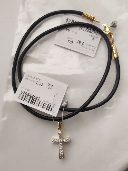Золотий хрестик жіночий, шкіряний шнурок