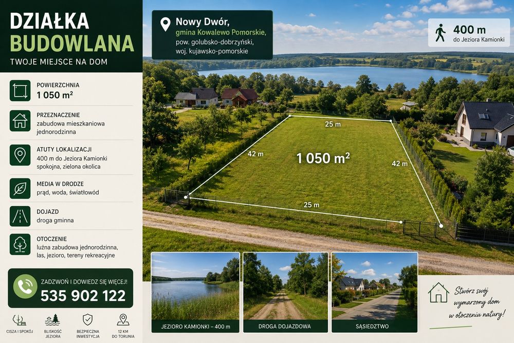 1050 M2. Miejscowy Plan Zagospodarowania Przestrzennego  500 m. od j. Kamionki 20 km od Torunia kameralna działka budowlana