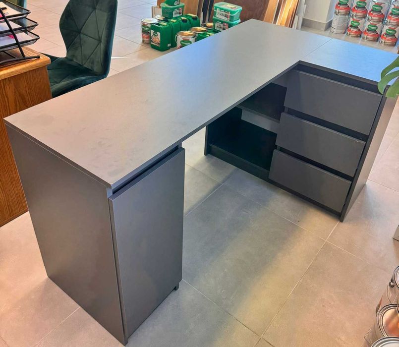 Biurko narożne antracyt 150x87(48 głębokość blatu) półki szuflady