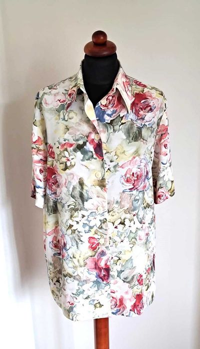 Piękna koszula vintage w kwiaty róże piwonie XL oversize viskoze 100%