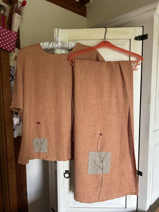 Komplet z Lnu bluzka i spódnica pomarańczowa 48 100% Len