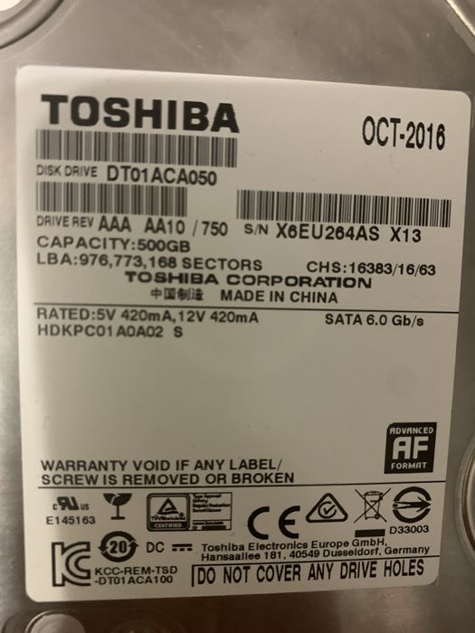 HDD диск 3ʼ5 дюймів Toshiba накопичувач, хороший, робочий стан, 500 ГБ