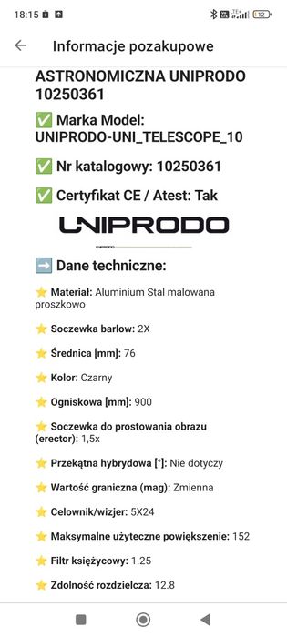 Teleskop luneta uniprodo 10