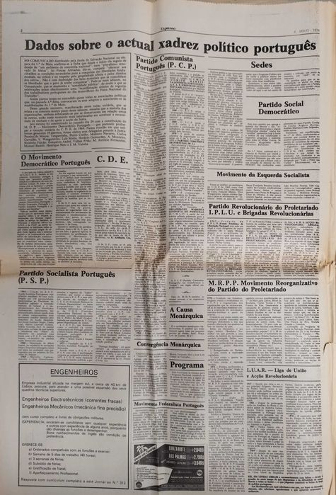 Jornal "Expresso" de 4 maio 1974- após a revolução