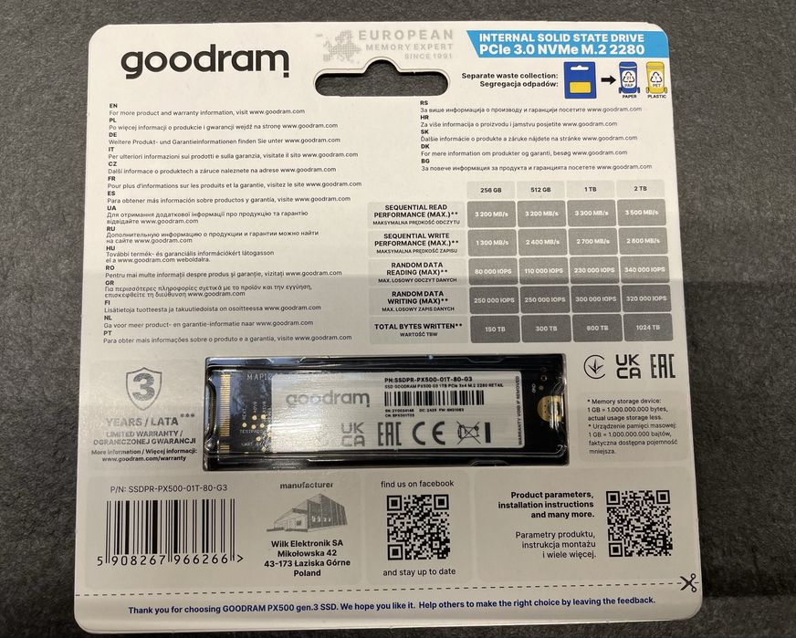 Dysk SSD GoodRam PX500 Gen.3 1TB PCIe NVMe Gen 3 x4
