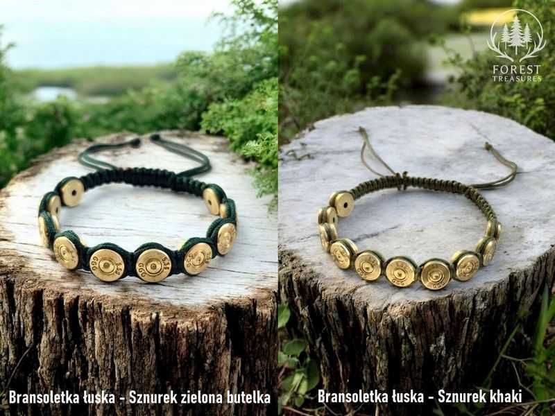 Ręcznie wykonana bransoletka militarna myśliwska łowiecka z łusek. Handmade łuska Zieleń butelkowa Khaki 223, 30-06, 308 win, 7x64, 8x57 js prezent