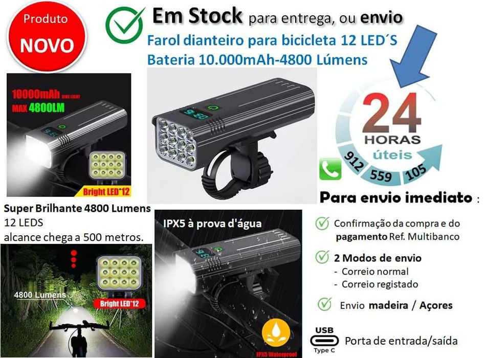 Farol bicicleta 12 LED | 4800 Lumens | Bateria 10.000mha |  5 modos