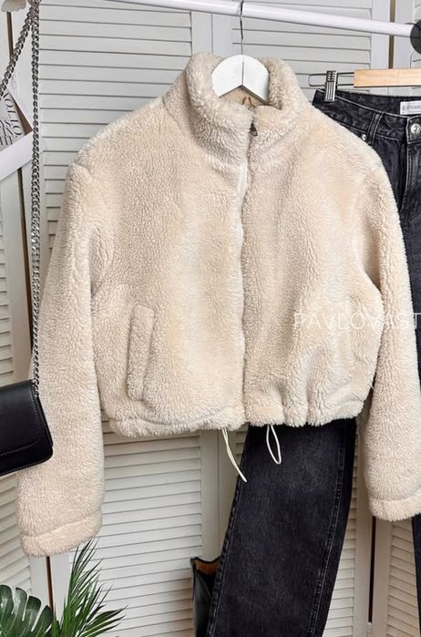 Primark S-L pudełkowa kurtka baranek miś oversize krótka biała bezowa