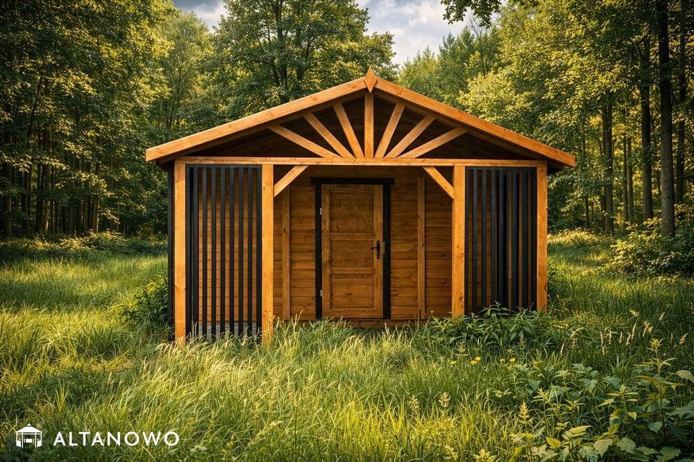 Drewniany domek letniskowy z altaną ogrodowy | producent | montaż