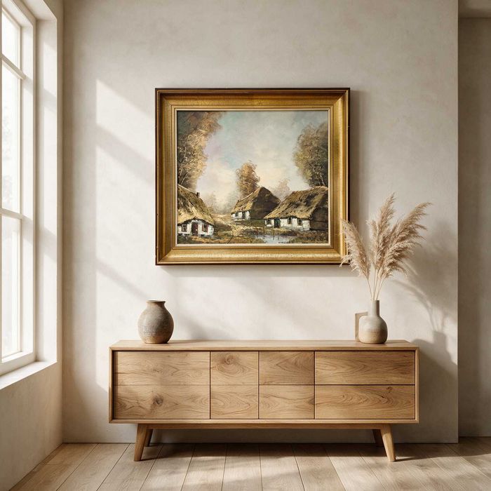 Obraz olejny na płótnie Wiejski Pejzaż Chatki w Złotej Ramie 98x87cm PODPIS