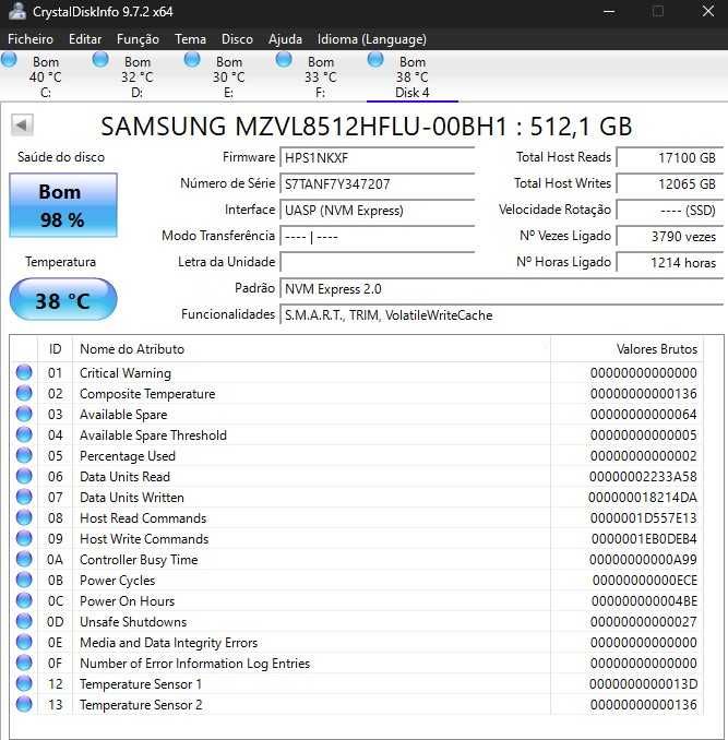 SSD 512 NVM Express 1.3 - Intel e Western Digital441820044634378244