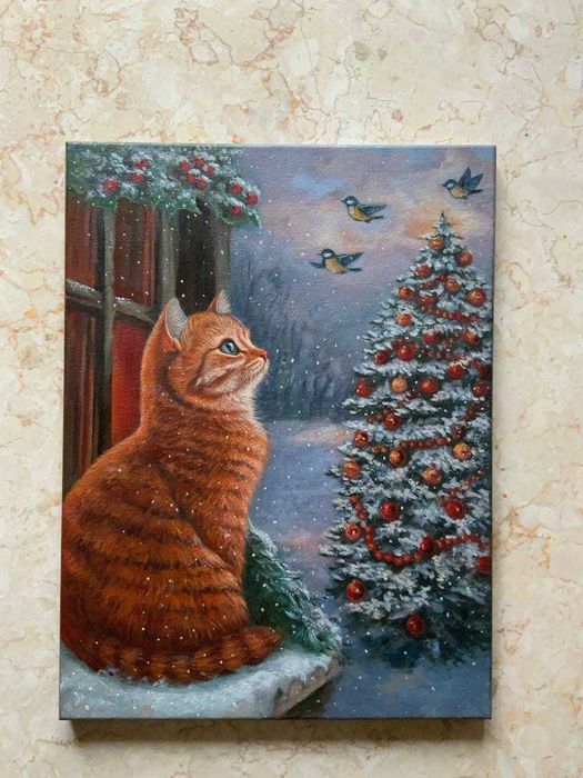 Картина олійними фарбами 'Зимова мрія котика '