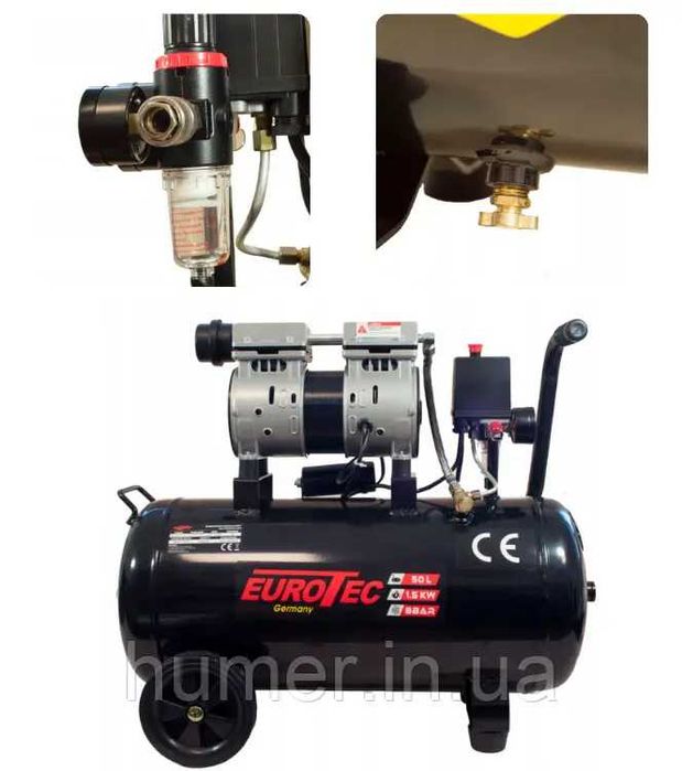 Компресор 2-х циліндровий безмасляний Eurotec 50л 1500Вт 200 л/хв 8бар