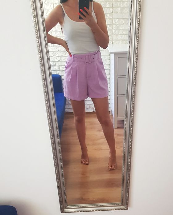 Spodenki shorty krótkie liliowe fioletowe eleganckie pasek S 36