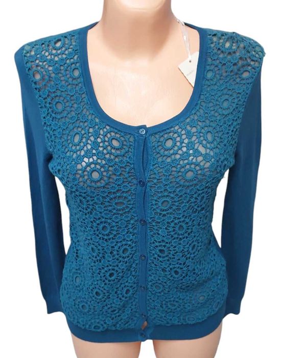Niebieski ażurowy sweter rozpinany, R. M/L