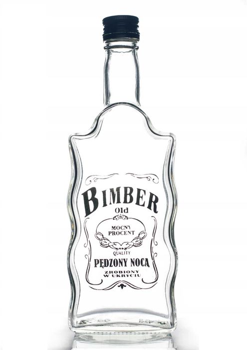 Butelka szklana z zakrętką z napisem "Bimber pędzony nocą w ukryciu" 500 ml stan BDB