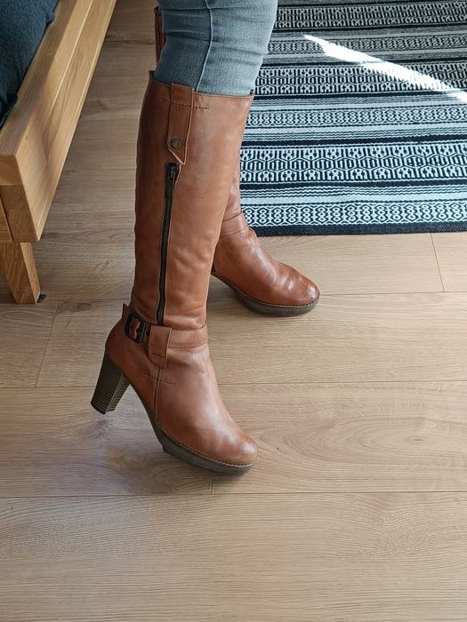 Skórzane kozaki brązowe na grubym obcasie słupku Lasocki 38 skóra