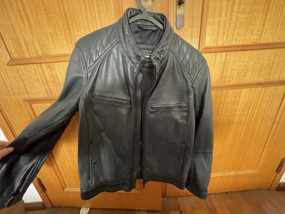 Casaco pele azul escuro Massimo Dutti