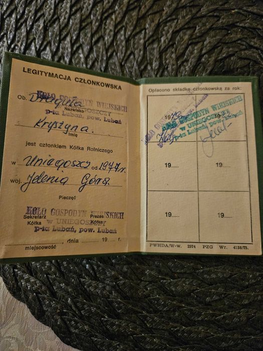 Stara legitymacja PRL 1977r Kółko Rolnicze Gospodyń Wiejskich