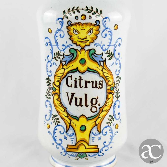 Manga de farmácia em faiança com inscrição “Citrus Vulg.”