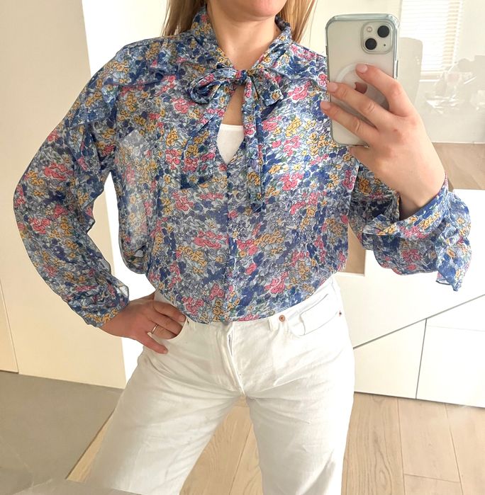 Koszula Zara S / 36 błękitna kwiatki kokarda falbanki wiosna boho