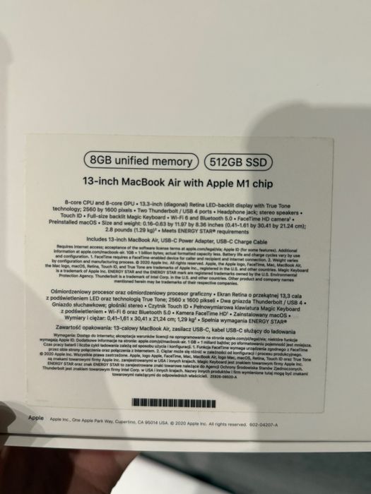 MacBook Air 13” M1 8GB/512GB + oryginalne pudełko