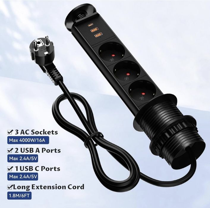 Tomada embutida retrátil de 3 tomadas com 2 × USB-A + 1 × USB-C, régua retrátil para mesa