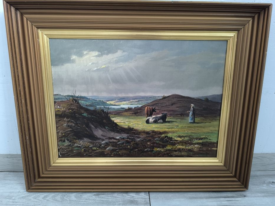 Piękny obraz olejny scena rodzajowa, sygnowany, płótno