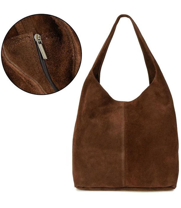 Włoska Torebka worek Skórzana zamsz Naturalny brązowy