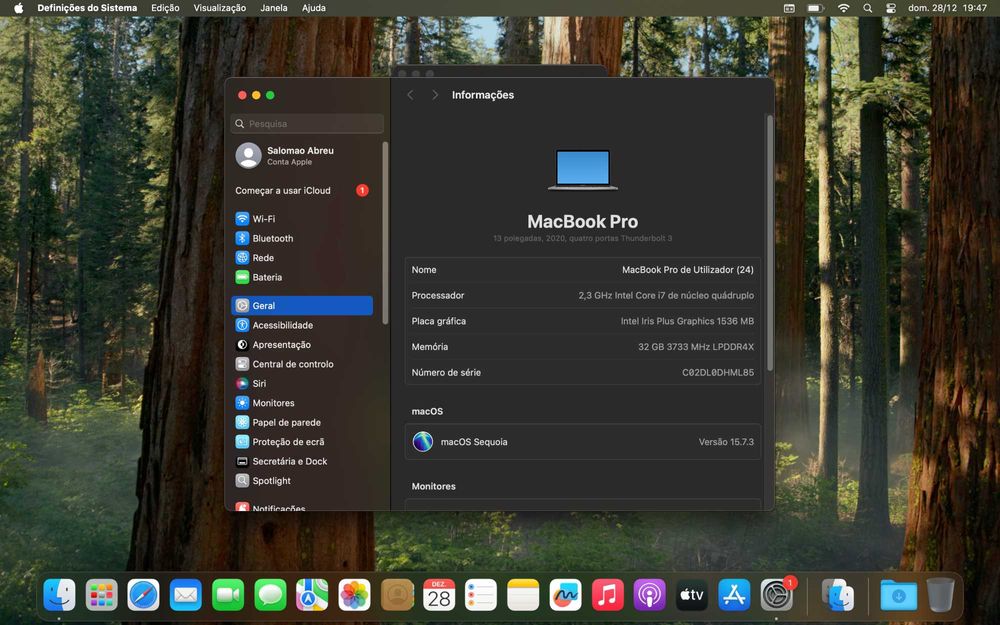 Macbook Pro 2020  Intel I7-1068NG7 32GB RAM 512GB SSD