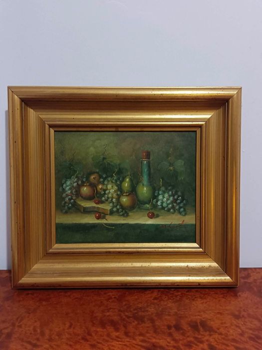 Stary Obraz Olejny 40x35 cm Martwa Natura w Złotej Ramie (M. Gantin/Gurtin)