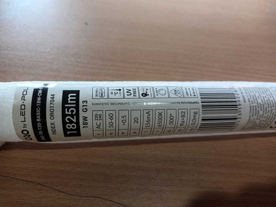 Lâmpada LED tubo T8 120cm 230VAC 18W 6500K 1825lm reves vidro - unil