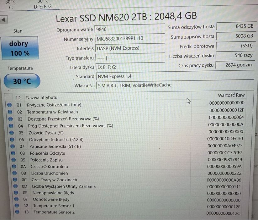 Lexar NM620 2TB NVMe M.2 SSD – 100% kondycji, 2700h