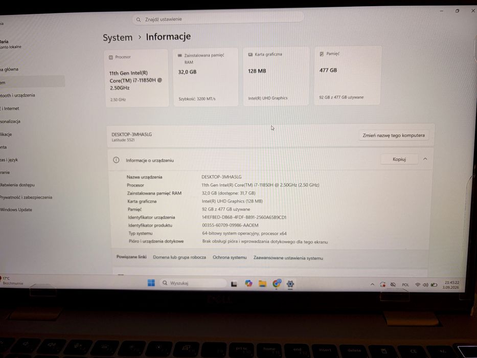 Dell Latitude 5521 / i7-11850H / 32 GB RAM / 512 GB SSD / Win 11 Pro / + Filtr Prywatyzujący Dell / Stan BDB